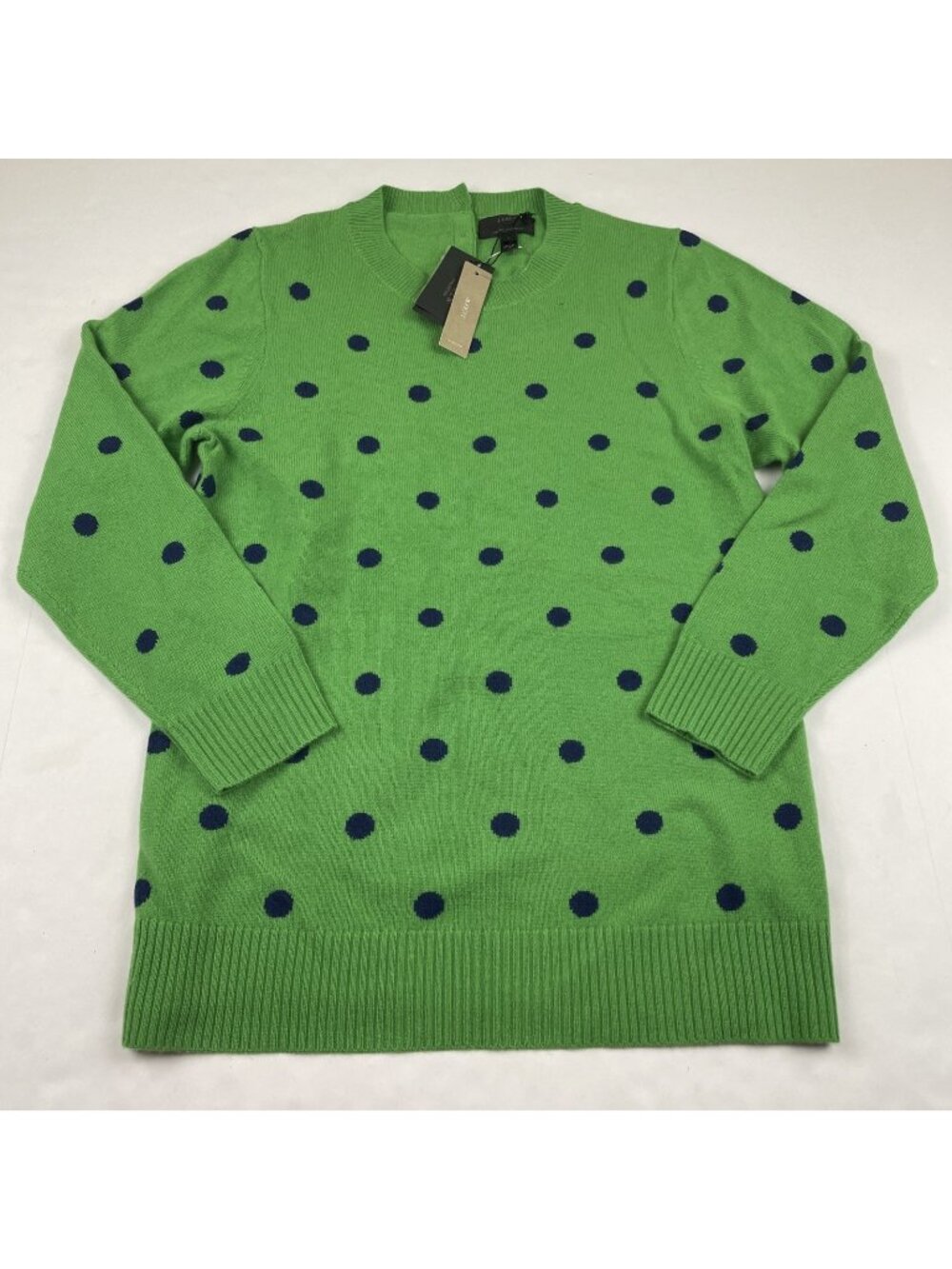 J. Crew Factory Bright Green Crewneck Sweater with Navy Polka Dots